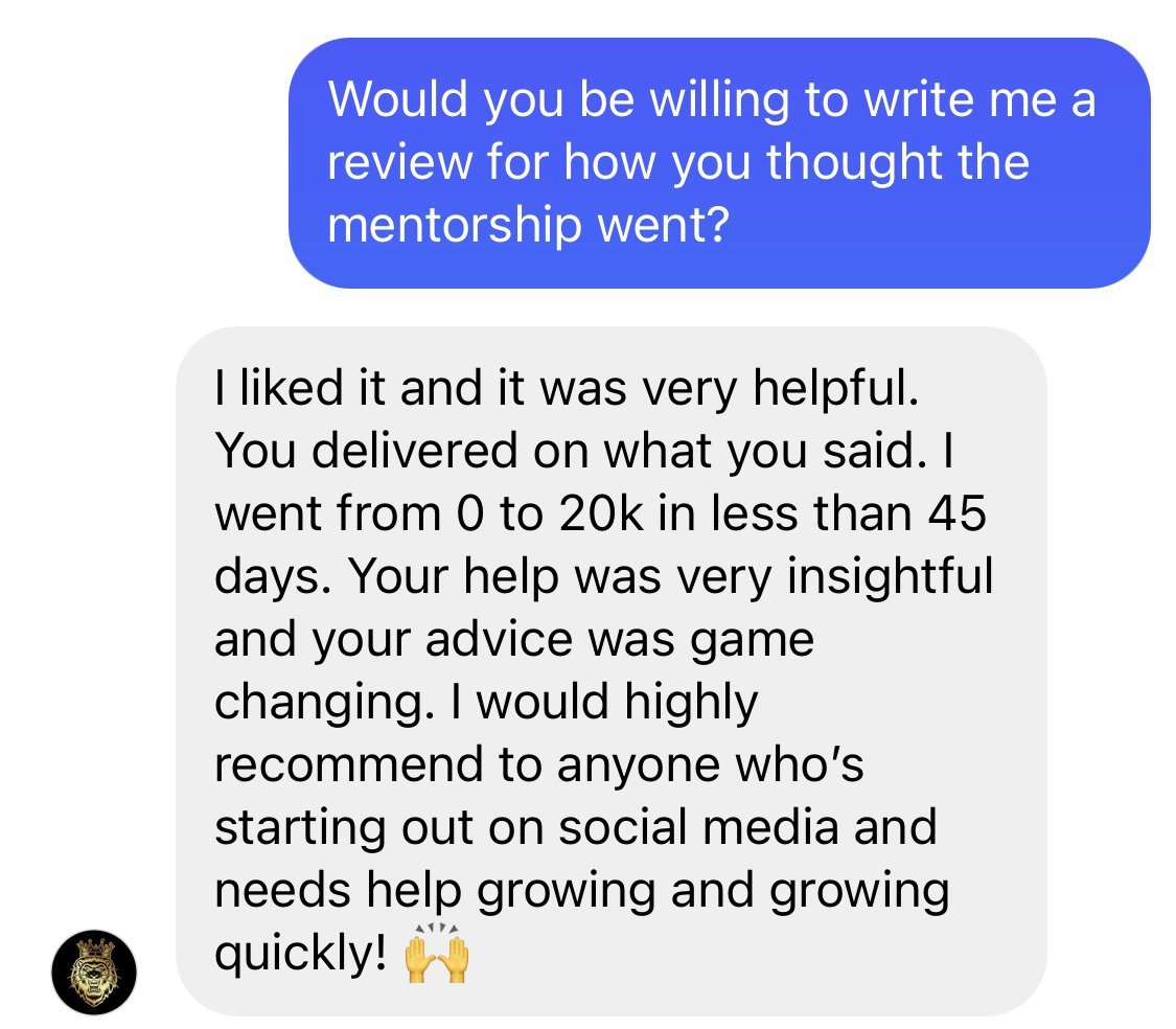 Mentorship testimonial screenshot: 0 to 20k in 45 days